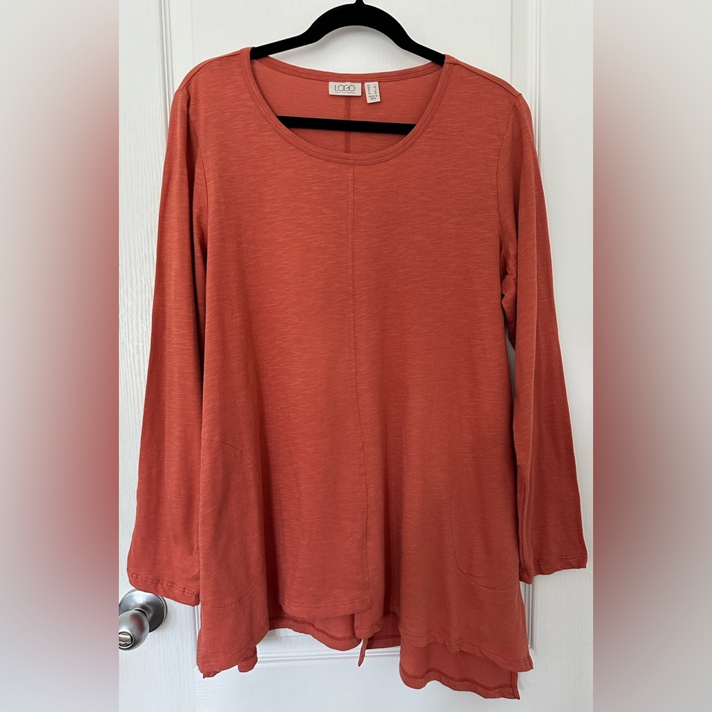 LOGO Lori Goldstein Size Large Asymmetrical Hem Tunic Top Long Sleeve Pockets